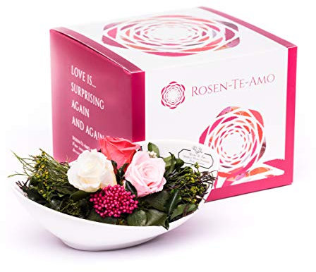 Rosen-Te-Amo | regalo festa della mamma | bouquet rose stabilizzate vere profumate in elegante vaso in ceramica | scatola dal design raffinato || Composizioni artigianali rosa eterna| regalo donna