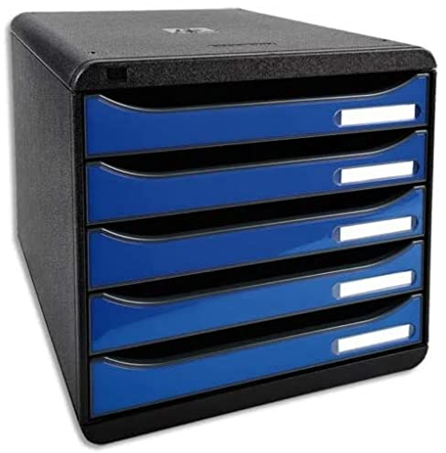 Exacompta 3097279D Premium Ablagebox mit 5 Schubladen für DIN A4+ Dokumente. Stapelbare Schubladenbox mit hoher Kapazität für mehr Platz auf dem Schreibtisch Big Box Iderama Schwarz|Eisblau