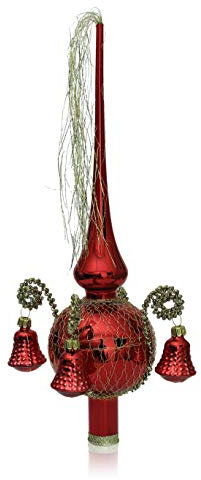 Lauschaer Glas Weihnachtsbaumspitze mit Formglöckchen rot Glanz, umsponnen L ca. 28cm d(Kugel) 7cm Christbaumschmuckspitze mundgeblasen,handdekoriert,Leonischer Draht