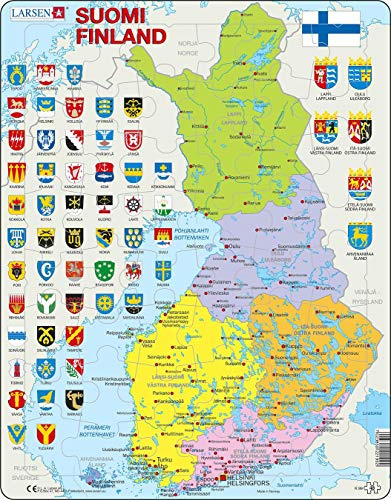 Larsen Puzzles K99 Finnland Politische Karte, Finnisch Edition, Rahmenpuzzle ab 6 Jahren, 48 Teile Lernspiel Geografie Kinder Puzzle aus stabilem Karton
