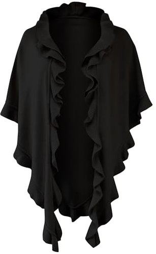 Poncho Cape Trachtentuch Umhang Stola Schultertuch Trachten-Tuch Damen Strickponcho Tracht Strick Trachtenponcho gestrickt Überwurf Volants Rüschen Schal Cashmink, Farbe:schwarz