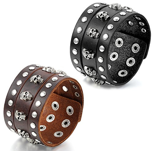 Flongo Lederarmband Männer Armband Herren Armreif, Leder Armband Armreif Manschette Schwarz Braun Silber Nieten Totenkopf Schädel Verstellbar Motorradfahrer Biker Herren-Accessoires