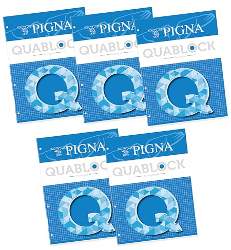 Pigna Klemmbrett QUABLOCK A5, 80 g/m² Papier, 4 Löcher, 5M innen, 5 mm Quadrate, Ringbuchminen, Ideal für Schule und Büro, 50 Blatt, 5 Stück.