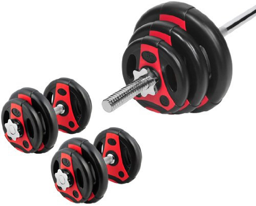 Bad Company Hantelset I K-Grip Hantelscheiben aus Kunststoff (6 x 1,25 kg, 6 x 2,5 kg, 2 x 5 kg) inkl. Langhantelstange und Kurzhanteln 30/31 mm | Komplett-Set 46,5 kg