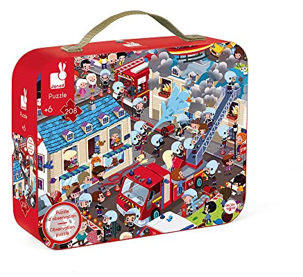 Janod J02793 „Extreme Firemen“ Rundes Observationspuzzle, 208 Teile, Koffer mit Griff, für Kinder ab 6 Jahren