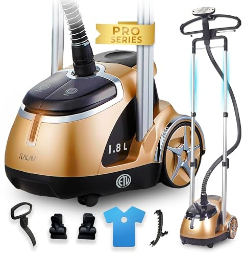 SALAV Limited Edition Professional Series Dual Bar Garment Steamer with Foot Pedals, Stainless Steel Steam Plate, Retractable Power Cord, 1.8L (60.8 oz) Water Tank, 1500 watts, 60+mins of Steam