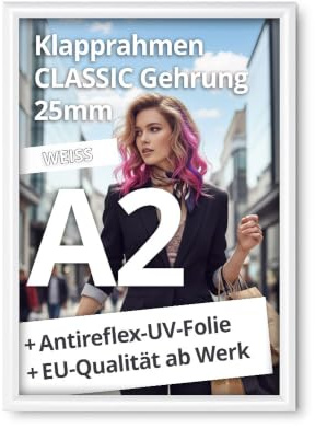 net-xpress® A2 Klapprahmen DIN A2 Plakatrahmen 25 mm weiß | mit Antireflex-UV-Folie | Posterrrahmen aus Alu mit Gehrungsecken | inkl. Schrauben & Dübel | Wechselrahmen A2 Klapprahmen weiss