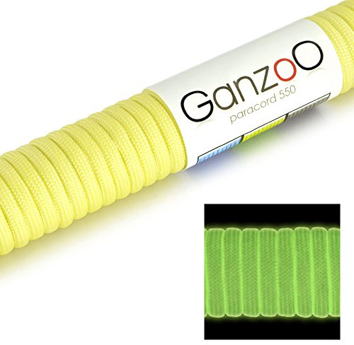 Ganzoo corde de survie paracorde 550 fluorescente, 31 m, nylon gainé 4 mm, 7 brins internes, lueur 2-5 h après exposition à la lumière, jaune pâle, pour tressage camping et kit de survie, non escalade