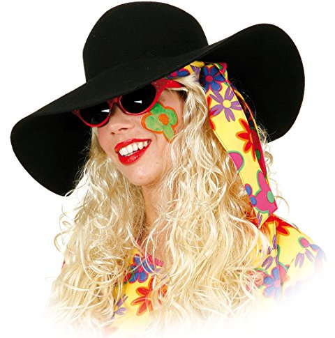 NET TOYS 70er Jahre Schlapphut Hippie Hut schwarz Damen Sommerhut Maxi Hippiehut Flower Power Partyhut 60er Jahre Mottoparty Mütze Karnevalskostüme Accessoires