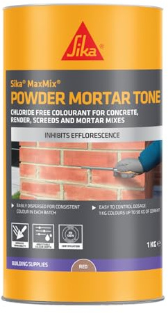 Sika MaxMix Powder Mortar Tone Cement Colour, Red, 1kg | Chloride Free Colourant For Concrete, Render, Screeds And Mortar Mixes – Inhibits Efforecence