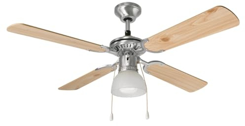 Ventilatore da soffitto con luce in metallo colore cromo spazzolato 4 pale bicolori Ø 105 cm H. 42 cm Kit luce vetro satinato Ø 15cm 1xE27 Max 60W Potenza 22W-45W Comandato a catenelle Telecomando ordinabile Lampadario con pale Reversibile PERENZ 7064CR