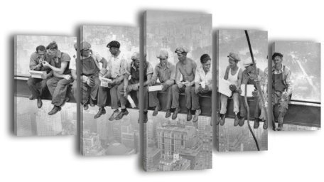 Leinwandbild New York Skylunch LW249 Wandbild, Bild auf Leinwand, 5 Teile, 210 x 100 cm, Kunstdruck Canvas, XXL Bilder, Keilrahmenbild, fertig aufgespannt, Bild, Holzrahmen, Retro, Foto, Bauarbeiter