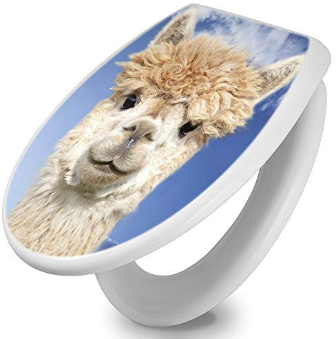 banjado Toilettendeckel mit Absenkautomatik 44,5x37cm / WC Brille Soft Close/hygienischer Toilettendeckel/Klodeckel Duroplast Edelstahl Scharniere einfache Montage/Motiv Lama