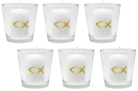 ZauberDeko 6X Kerzen Fisch Gold und 6X Votivglas Kommunion Taufe Konfirmation Tischdeko Kerzendeko