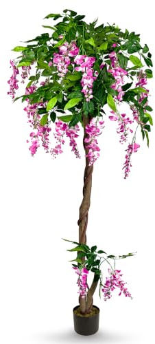 Decovego Blauregen Wisteria Glyzinie Kunstpflanze, realistischer Kunstbaum 160 cm, Deko für Wohn- & Büroräume, Stamm aus Echtholz, Allergikerfreundlich & Pflegeleicht