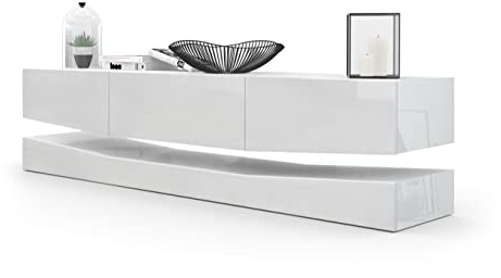 Vladon Lowboard City, Made in Germany, TV-Kommode mit Sockelelement, 1 offenem Fach und 3 Schubkästen, Weiß Hochglanz/Weiß Hochglanz (178 x variabel x 39 cm)