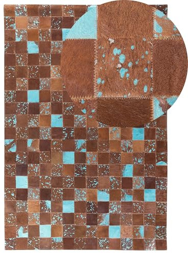 Beliani Alfombra de Piel de Vaca marrón Azul 160 x 230 cm Fabricado a Mano Patchwork Moderno Aliaga
