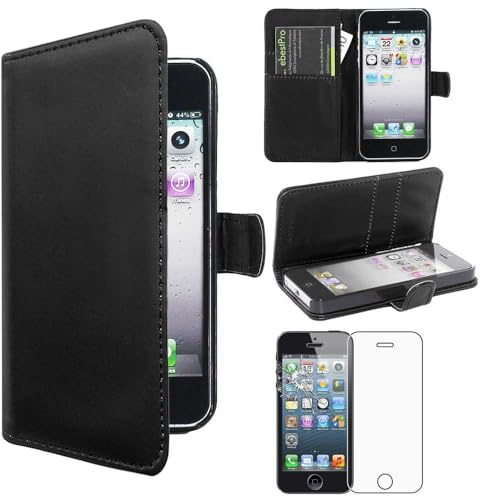 ebestStar - Coque Compatible avec iPhone SE 5S 5 Apple Etui PU Cuir Housse Portefeuille Porte-Cartes Support Stand, Noir + Film Protection écran Verre Trempé [Appareil: 123.8 x 58.6 x 7.6mm, 4.0'']