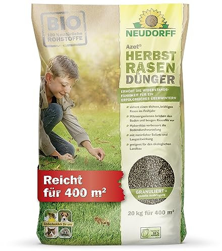 Neudorff Azet HerbstRasenDünger - Organischer Bio-Dünger für 400 m² stärkt die Frosthärte und sorgt für einen dichten, kräftigen Rasen im Frühjahr, 20 kg
