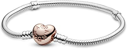 PANDORA Moments Schlangen-Gliederarmband mit Herz-Verschluss aus Sterling-Silber und rosévergoldeter Metalllegierung, kompatibel mit Charms und Anhängern aus der Moments Kollektion, Größe: 17cm