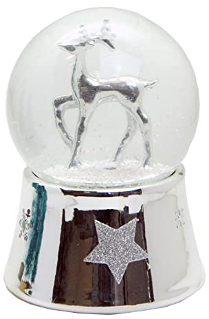 Schneekugel Spieluhr | REH Silber mit Silber Sockel gerade mit Sternen | Höhe 140mm, Breite 100mm | 20131