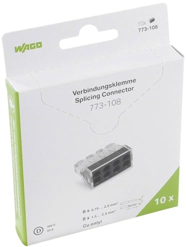 WAGO Verbindungsdosenklemme 773-108/995-010 | 8 Leiter, bis 2,5 mm², 10 Stück, COMPACT Verbindungsklemme für ein- und mehrdrähtige Leiter, bestätigte Anwendungssicherheit, kleinstmögliche Bauform