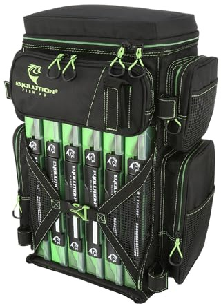 Evolution Fishing Drift-Serie 3700 Angelrucksack mit QuikLatch-System und 2 Rutenhaltern, robust, mit 6Tackle-Boxen, Grün