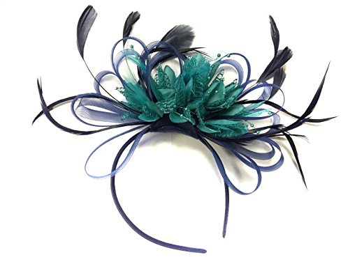 Caprilite Hoopmix Haarreif mit Krinoline-Blume, Fascinator für Damen, Hochzeit, Ascot Rennen, Marineblau und Türkis, Einheitsgröße