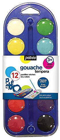 Pébéo Boîte de 12 Pastilles de gouache + Pinceau Couleurs Assorties