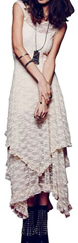 R.Vivimos Womens Sleeveless Backless Asymmetrical Layered Lace Long Dress with Slip Two Pieces (XL, Beige)