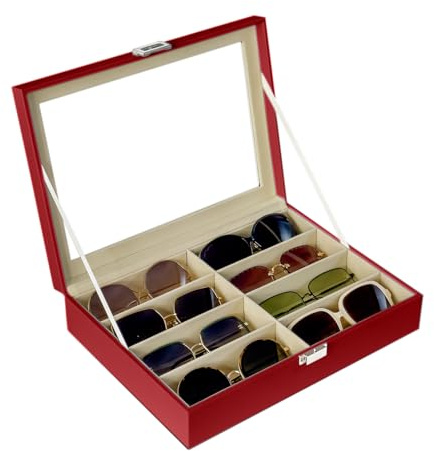 UnionPlus 8-Slots Sunglasses Case Organizer, Eyeglass Glasses Display Holder Collector, Multiple Sunglasses Storage Case, Red