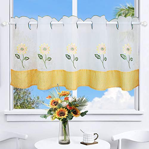 ZHH E-COMMERCE Short Cafe Curtains for Windows White - 18 inch Voile Curtain, Valance with Sunflower Embroidery for Kitchen,Balcony, Bedroom, Living Room, 45x145cm / 18x57 inch