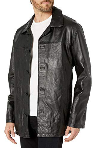 Excelled Leather Herren Four-Button Lambskin Leather Car Coat Lederjacke, Schwarz, L