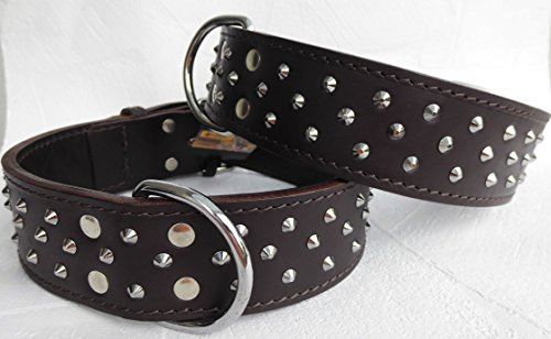 Halsband - Hundehalsband, Halsumfang 56-64 cm, Nieten/Braun Leder - extra breit+sehr stark (mittel-großere Hunde)