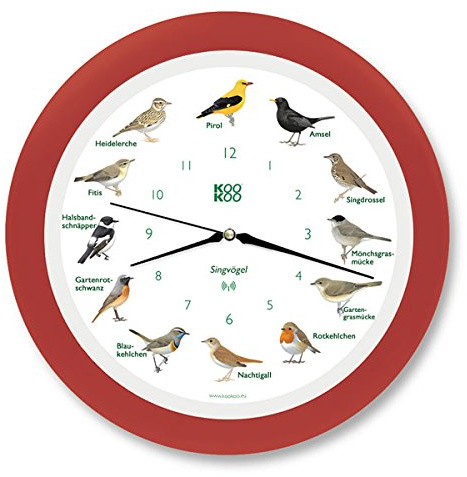 KOOKOO Singvögel Erdbeer-rot, Die Singende Vogeluhr, mit 12 heimischen Singvögeln und echten, natürlichen Vogelstimmen, mit RC Funkquarzwerk