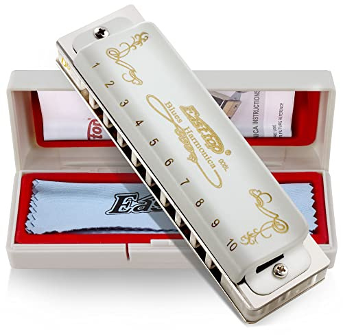 East top Blues Harmonica Key of Db 10 Holes Diatonic Mouth Organ with White Cover, T008L Harmonica for Adults, Professional Player and Students