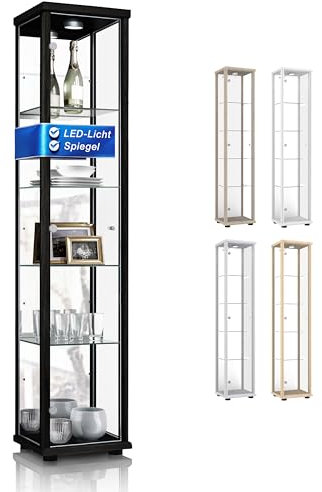 K-Möbel Standvitrine (176x37x33cm) - Made in Germany - Vitrinenschrank Schwarz mit 4 höhenverstellbaren Glasböden, Spiegel & LED - Glasvitrine Stehend - Vitrine Glas - Display Cabinet
