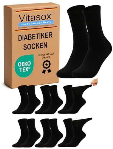 Vitasox Chaussettes diabetique Homme Extra-Larges 43-46 en Coton – Médicales Sensibles Sans Élastique & Sans Couture – Lot de 6 Paires Noires 31124