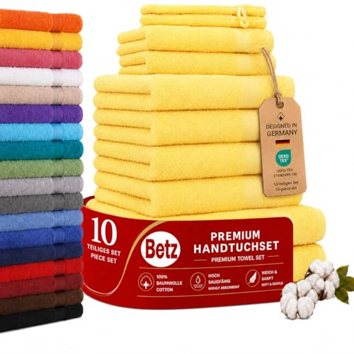 Betz Premium Handtuch-Set mit 10 Teilen – 100% Baumwolle, 4 Handtücher 50 x 100 cm, 2 große Duschtücher 70x140 cm, 2 Gästetücher 30 x 50 cm, 2 Waschhandschuhe, gelb