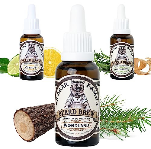 Mr Bear Family Bartöl Herren - Woodland - pflegt und unterstützt Bart Wachstum - nährreiches Bartpflege Öl mit Jojoba und Argan - Bart Öl Man - Moisturizer Beard Oil for Men 30ml