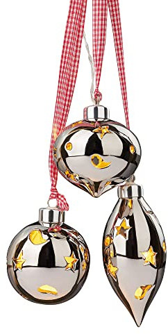 hellum LED Weihnachtsdekoration Batterie innen Timer, Glaskugeln silbern | Beleuchtete Weihnachtskugeln warmweiß aus Porzellan, Ø7,5cm & 6,5x8cm & 13x6,5cm, 15 Lichter für Weihnachtsbaum 521740