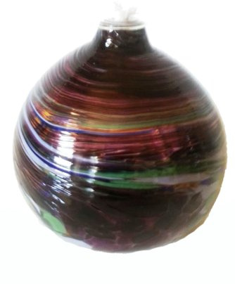 Oberstdorfer Glashütte Öllampe runde Glasöllampe violett gelüsterte Petroleumlampe Kristallglas mundgeblasen Durchmesser ca. 9 cm