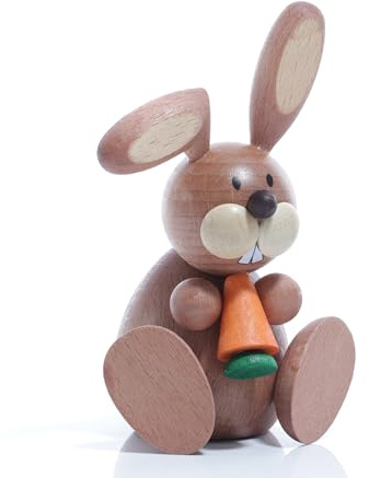 Kunsthandwerk Ullrich Osterdeko Osterhasenfigur Hase sitzend mit Möhre Figur aus Holz, handgemacht, Volkskunst aus dem Erzgebirge als Dekoration für Ostern, 10,2 cm