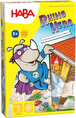 HABA 302203 – Rhino Hero, 3D-tapelspel för 2 till 5 superhjältar från 5 år och med enkla regler för snabbt skoj, actionspel för hela familjen