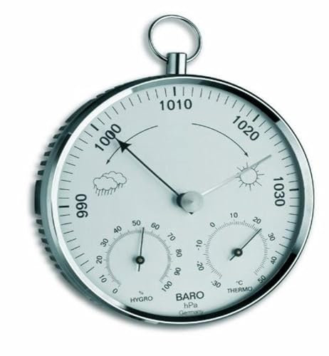 Green Wash Ltd TFA Dostmann Analogue Weather Station with Metal Ring Barometer Thermometer Hygrometer Silver (L) 136 x (W) 43 x (H) 147 mm