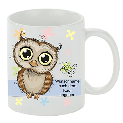 Creativ Deluxe Kaffeebecher Eule mit Wunschname, Kaffeetasse, Keramik, 330 ml, Zylindrisch, Tasse
