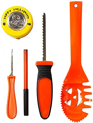 HEITMANN DECO Halloween Kürbis Schnitzset - Grusel Schnitz-Werkzeuge - Vorlagen und Außen LED-Licht - für Kinder - Herbstdeko - 14-teilig, Bunt