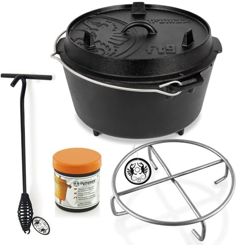 Petromax Feuertopf ft9 Einsteiger-Set - Dutch Oven mit Standfüßen inklusive Deckelheber, Pflegepaste und Untersetzer - für alle Grillarten und offenes Feuer - 7,5 Liter