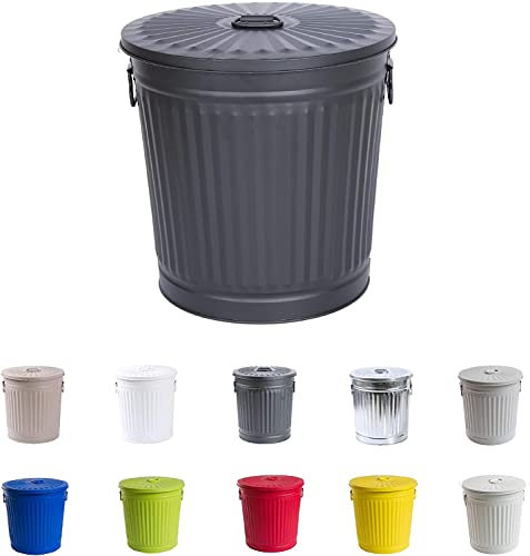 Jinfa Cestino spazzatura pattumiera con coperchio 35 litri Bidone Metallo pattumiera differenziata secchio cenere camino - Verniciato a polvere Nero Ø 36 cm, h 36,5 cm