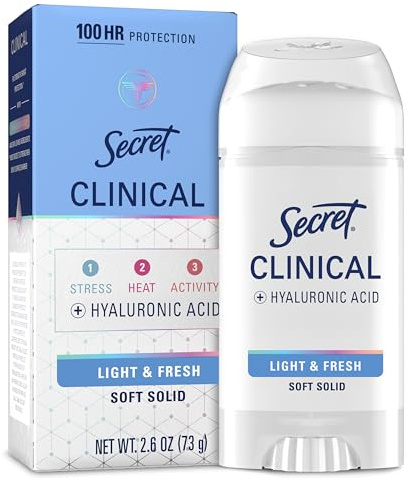 Secret Clinical Strength Antiperspirant Deodorant for Women, 100hr Sweat & Odor Protection, 3X Stress Protection with Hyaluronic Acid, PH Balancing Minerals, Soft Solid, Light & Fresh Scent, 2.6 oz